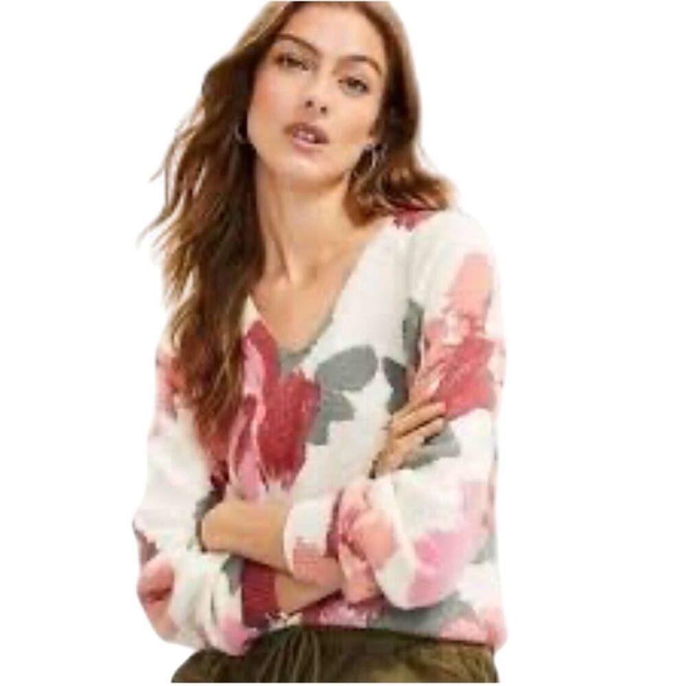Loft Cotton Blend Floral V Neck Sweater Size S